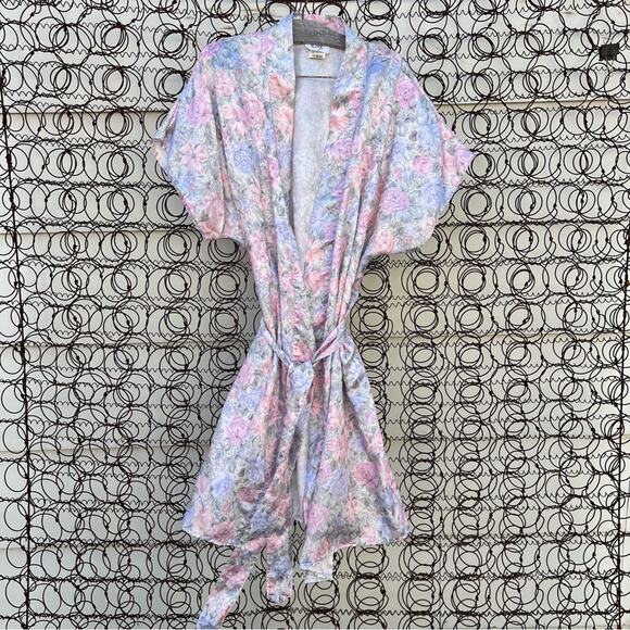 Vintage 90s Pinx pastel blue pink floral slinky short bathrobe 2X PLUS VOLUP - Picture 1 of 5